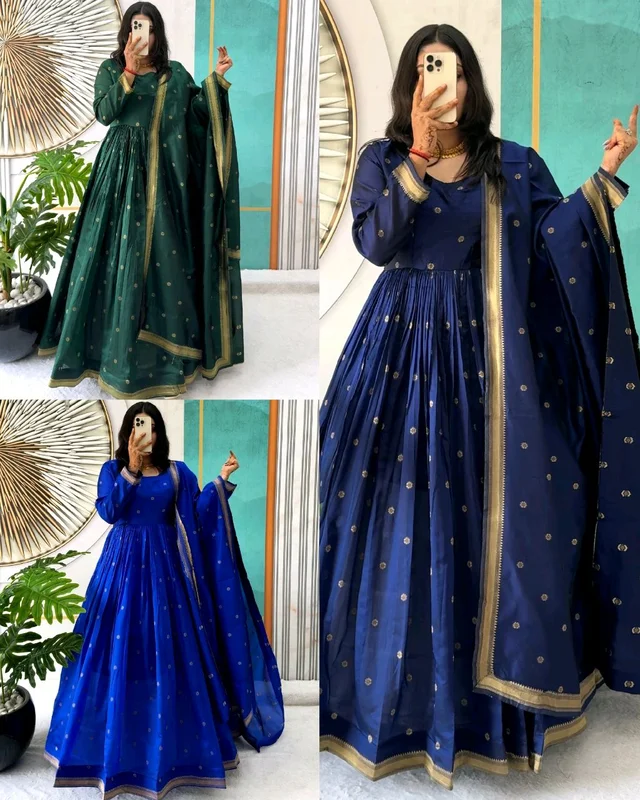 Launching Our Latest Beautiful Bigg Boss Tanuja Inspire Handloom Cotton Gown With Dupatta – Where Elegance Meets Comfort! - XL, Blue
