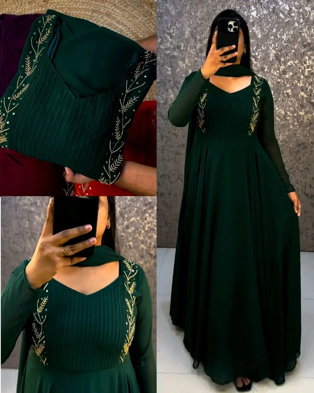 Faux Georgette gown with beautiful hand work .the yoke part fully designed for pintucks work.This perfect party wear for upcoming festivals and functions - 3XL, Green