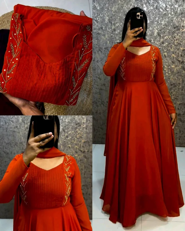 Faux Georgette gown with beautiful hand work .the yoke part fully designed for pintucks work.This perfect party wear for upcoming festivals and functions - 3XL, Rust