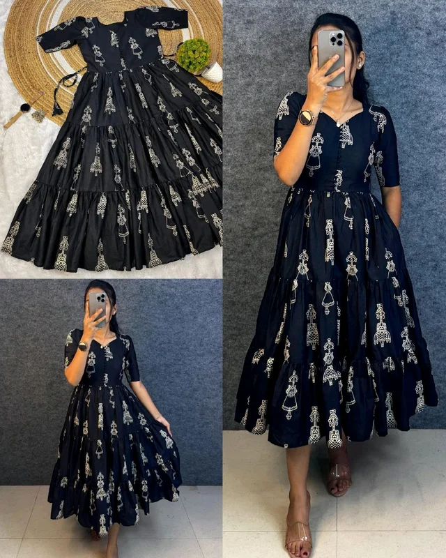 Launching the most unique “Warli Art doll “hand block pure cotton printed maxi gown with one side pocket - S, Black