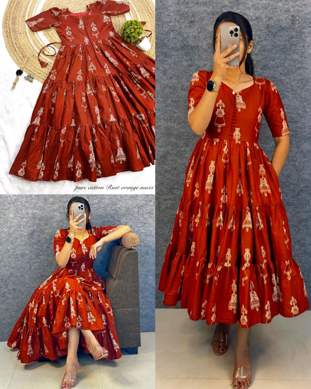 Launching the most unique “Warli Art doll “hand block pure cotton printed maxi gown with one side pocket - XL, Siren