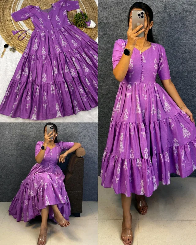 Launching the most unique “Warli Art doll “hand block pure cotton printed maxi gown with one side pocket - 3XL, Electric Violet