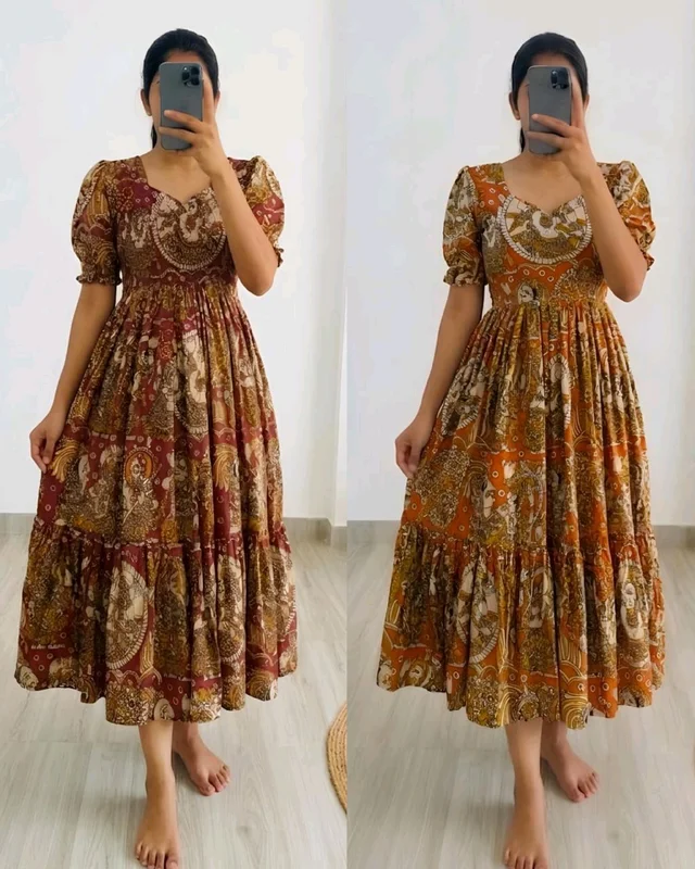 Kalmkari Maxi gown soft Maslin cotton with digital print. - M, Regal Blue