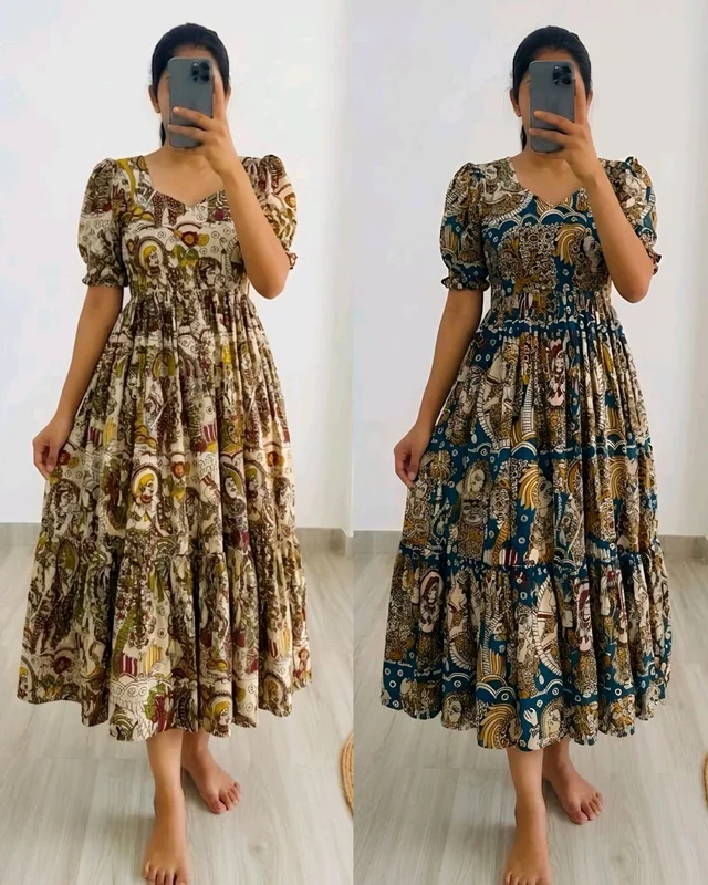 Kalmkari Maxi gown soft Maslin cotton with digital print. - 2XL, Cream