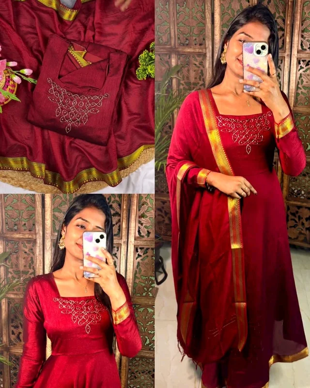 Kadhalar dhinam roja outfit recreation hand work maxi with duppata With New Colours - M, Burgundy