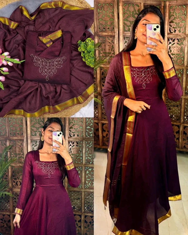 Kadhalar dhinam roja outfit recreation hand work maxi with duppata With New Colours - L, Burgundy
