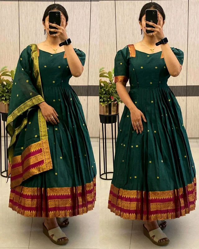 Super hit spunn cotton pleated flare Oufit set - S, Green