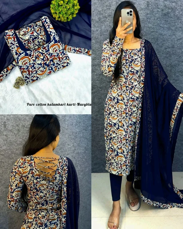 This full-length kurti traditional Kalamkari with modern elegance summer outfit - M, Blue