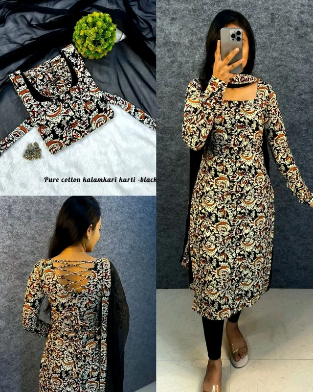 This full-length kurti traditional Kalamkari with modern elegance summer outfit - L, Maroon