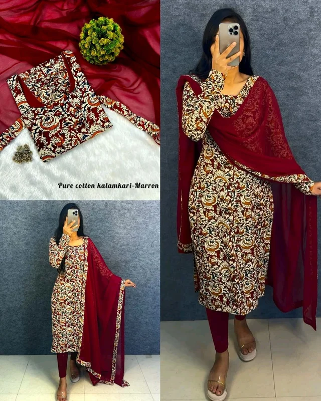 This full-length kurti traditional Kalamkari with modern elegance summer outfit - Xl, Maroon