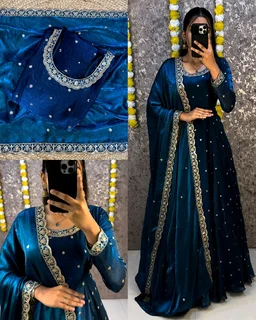 Bakrid special Rich sequence embroidery Gown + Dupata
- S, Wine