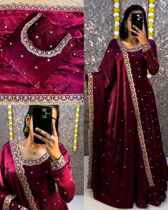 Bakrid special Rich sequence embroidery Gown + Dupata
- L, Wine