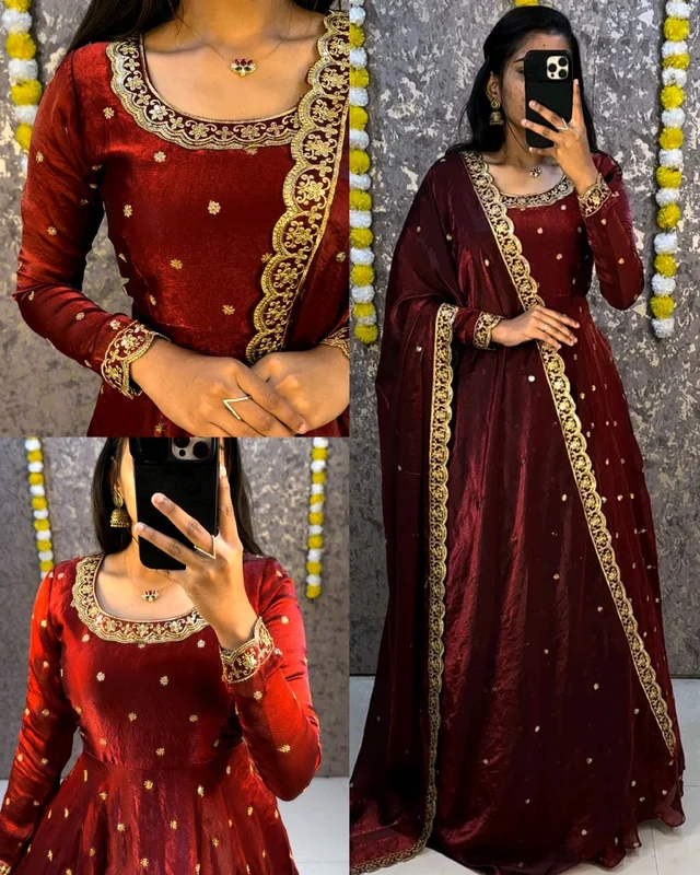 Bakrid special Rich sequence embroidery Gown + Dupata
- 5XL, Maroon