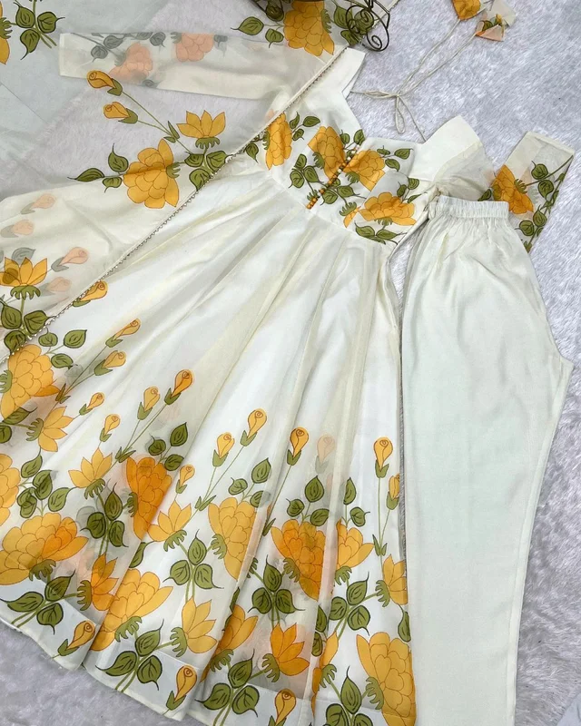 Launching this timeless and classic floral printed organza anarkali suit set for the upcoming festivities and wedding season
- S