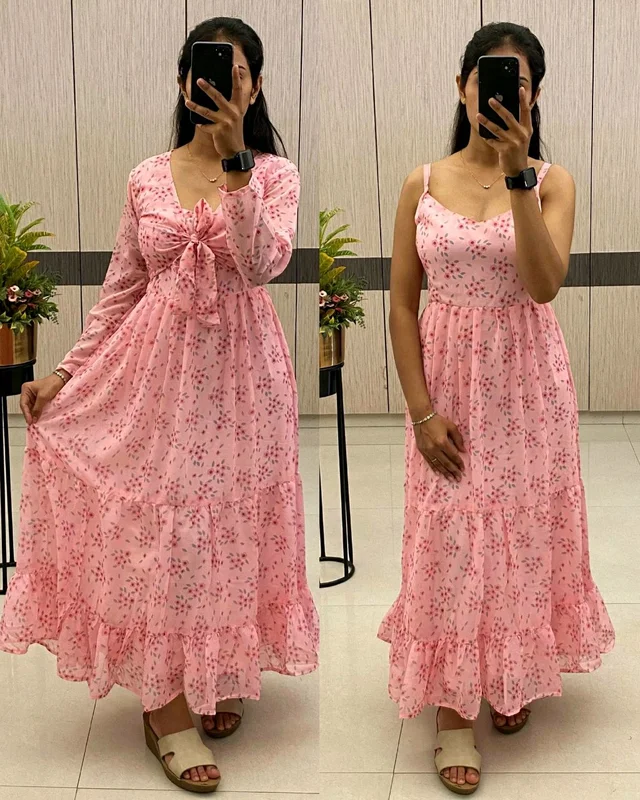 A flowing, delicate floral print. Over Coat With Sleeveless Gown
- M, Hibiscus