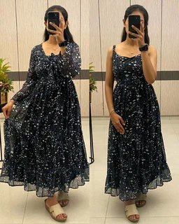 A flowing, delicate floral print. Over Coat With Sleeveless Gown
- L, Hibiscus