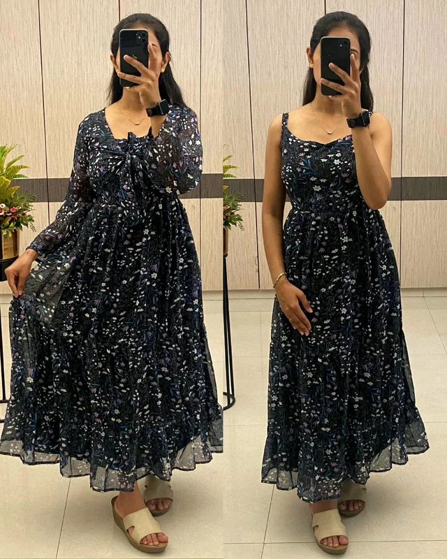 A flowing, delicate floral print. Over Coat With Sleeveless Gown
- L, Hibiscus