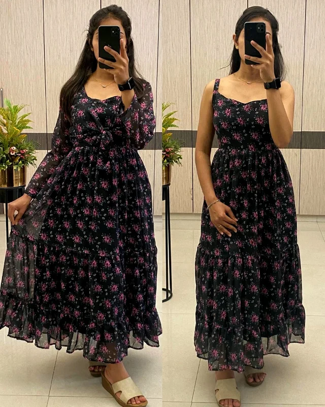A flowing, delicate floral print. Over Coat With Sleeveless Gown
- 2XL, Hibiscus