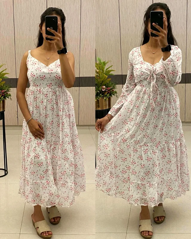 A flowing, delicate floral print. Over Coat With Sleeveless Gown
- 2XL, White