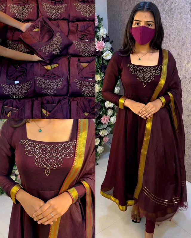 Kadhalar dhinam roja outfit recreation hand work maxi with duppata With New Colours - M, Coffee