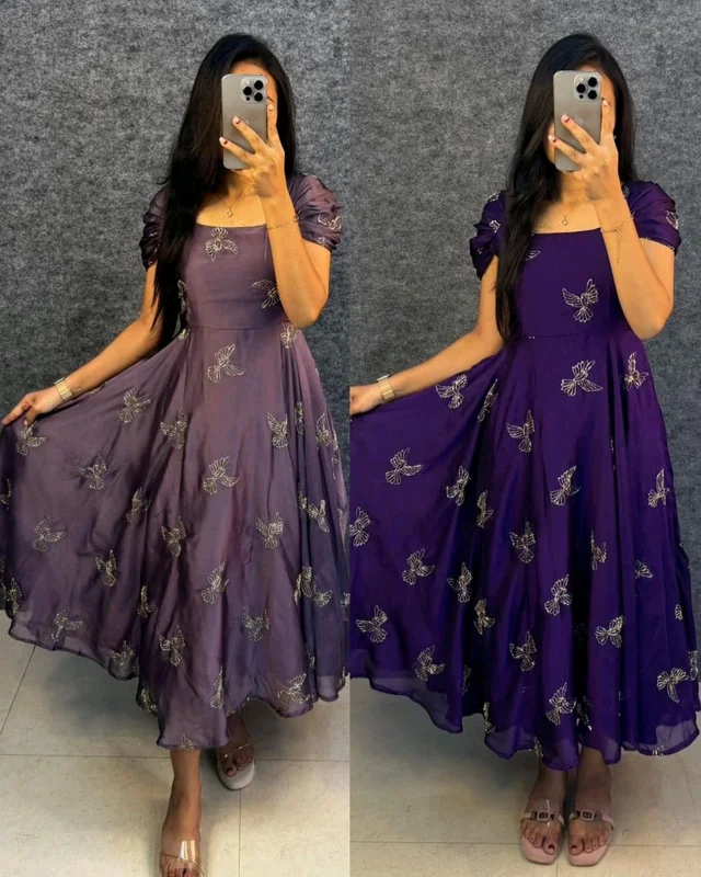 This outfit made Premium rangoli silk fabric with beautiful “sparrow” beads aari work all over the maxi gown
- 2XL, Light Wisteria