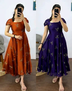 This outfit made Premium rangoli silk fabric with beautiful “sparrow” beads aari work all over the maxi gown - XL, Mulled Wine