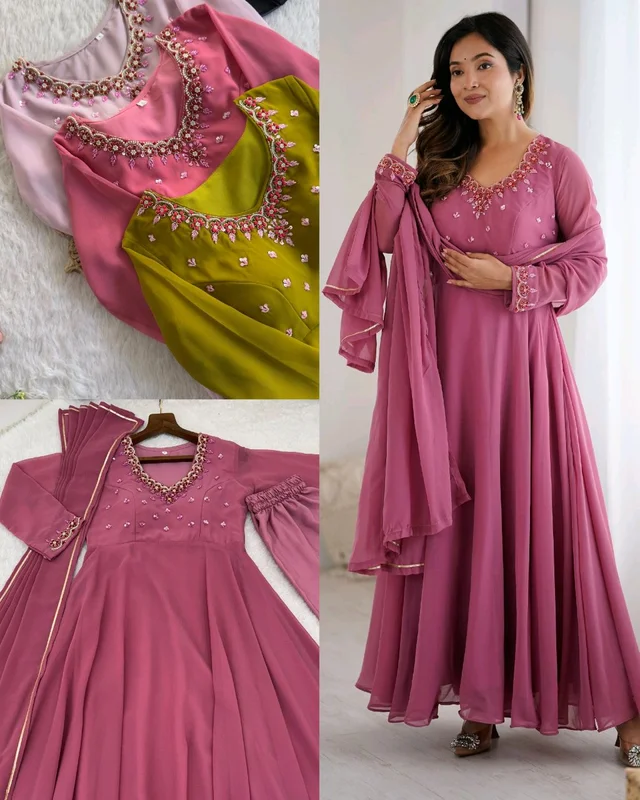 Presenting By New Party Wear Look Fox Gerorrget Gown With Dupatta , pant - L, Turkish Rose