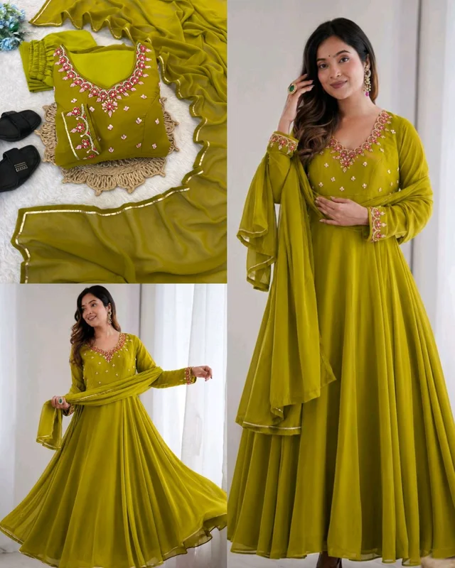 Presenting By New Party Wear Look Fox Gerorrget Gown With Dupatta , pant - 2XL, Green