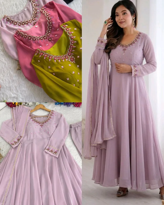 Presenting By New Party Wear Look Fox Gerorrget Gown With Dupatta , pant - 2XL, Light Wisteria
