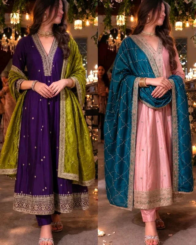 Women's Trendy Embroidered Straight Anarkali Kurta & Pant Set With Dupatta
- M, Pigment Indigo