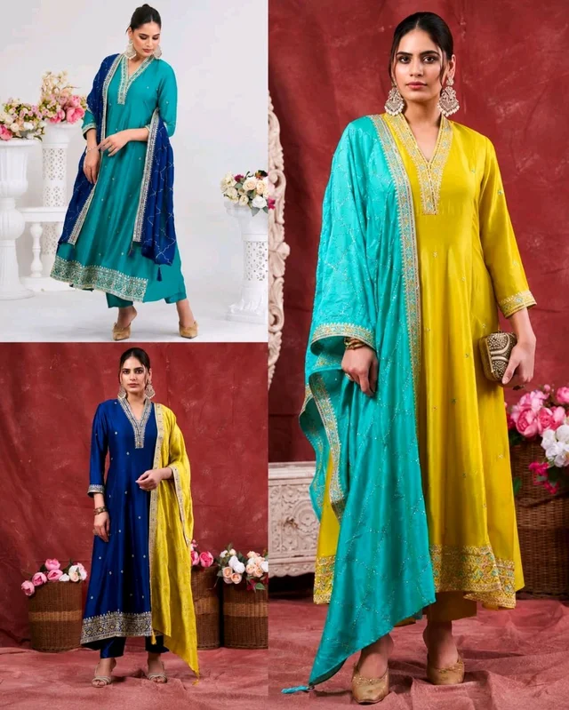 Women's Trendy Embroidered Straight Anarkali Kurta & Pant Set With Dupatta
- L, Yellow