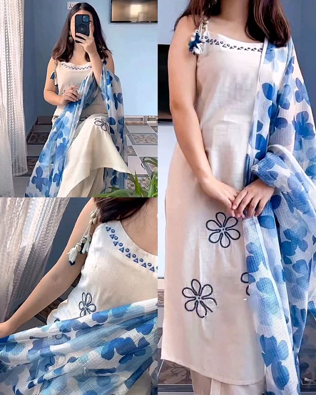 Women Rayon Sleeveless Kurta Palazzo Dupatta Set | Floral Daily Wear Ethnic Set - L, Blue
