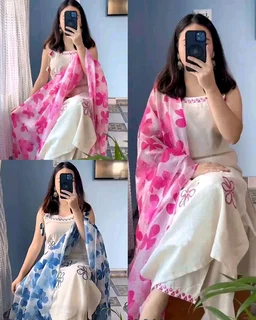 Women Rayon Sleeveless Kurta Palazzo Dupatta Set | Floral Daily Wear Ethnic Set - XL, Blue
