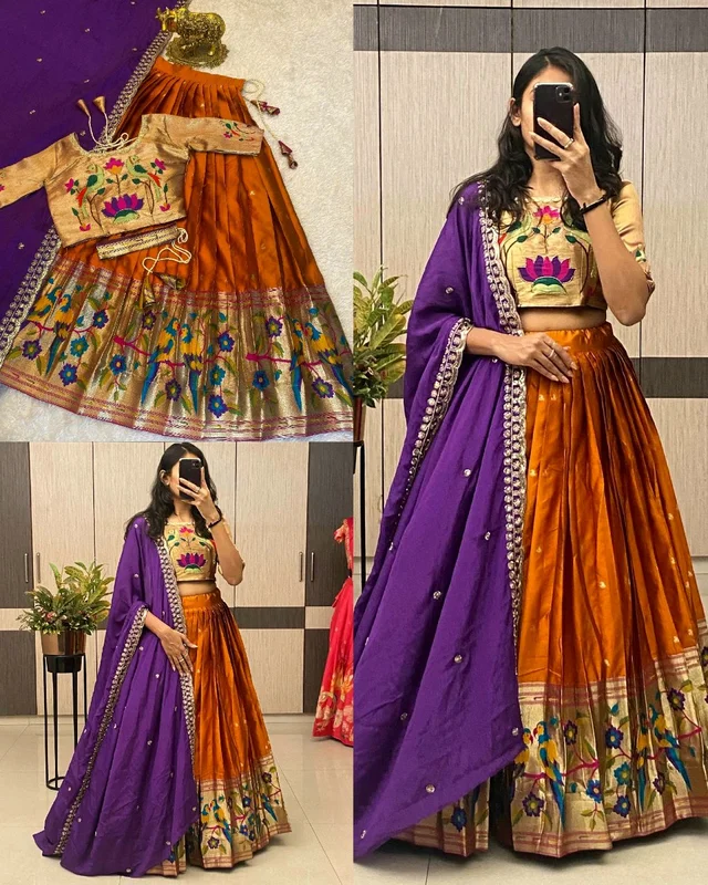 Premium Paithani Lehenga Collection - L, Orange