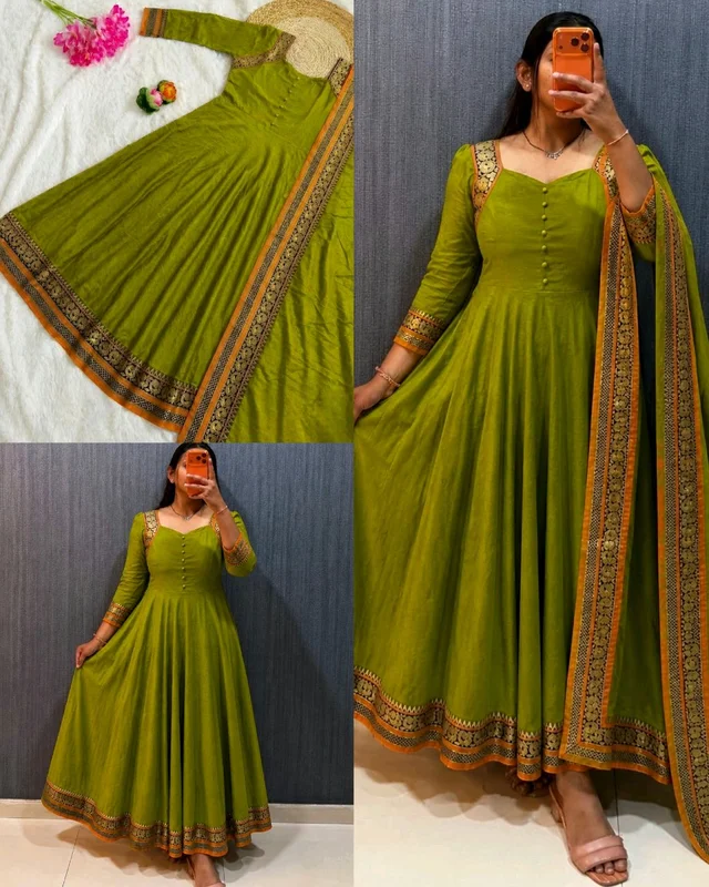PRESENTING Trending ANARKALI GOWN DUPATTA - S, Parrot Green