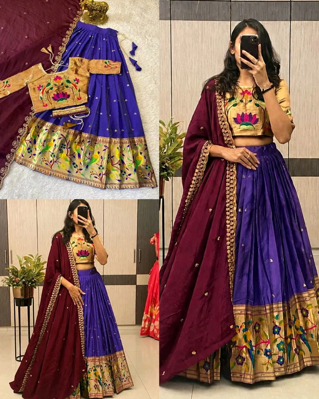 Premium Paithani Lehenga Collection - Unstitched, Pigment Indigo