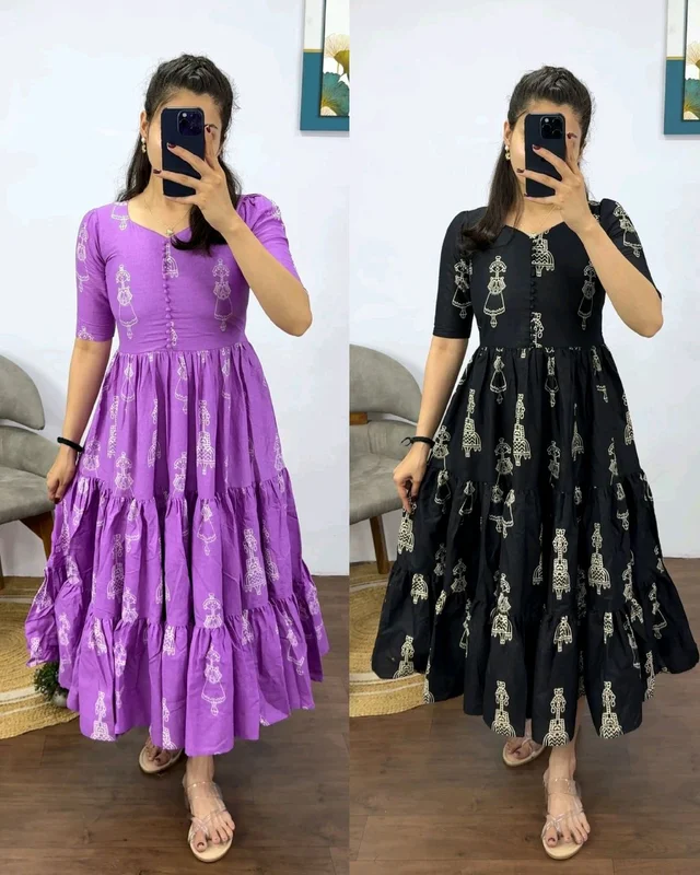 Launching the most unique “Warli Art doll “hand block pure cotton printed maxi gown with one side pocket - 2XL, Mauve