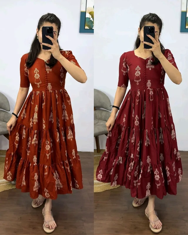 Launching the most unique “Warli Art doll “hand block pure cotton printed maxi gown with one side pocket - 3XL, Fire