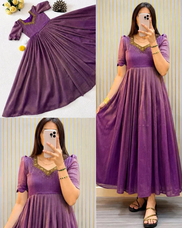 Launching Most Trending Kota Tissue Gown - XL, Purple