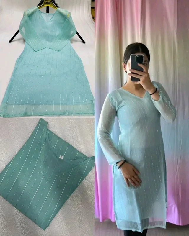 Summer Reason Special Presenting Sequence Soft georgette V shape neck light-weight kurti for daily routine office work and festive - Sky Blue, L