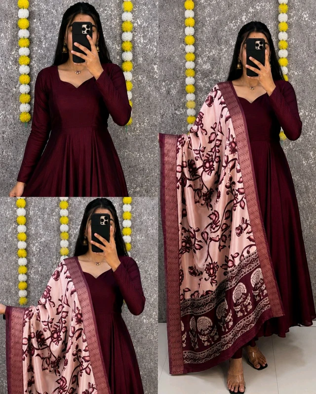 Launching beautiful plain vichithra anarkali with trending kalamkari dupata 😍 - XL, Wine