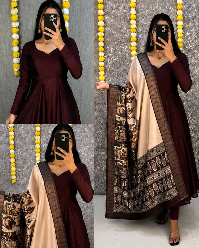 Launching beautiful plain vichithra anarkali with trending kalamkari dupata 😍 - 2XL, Blue