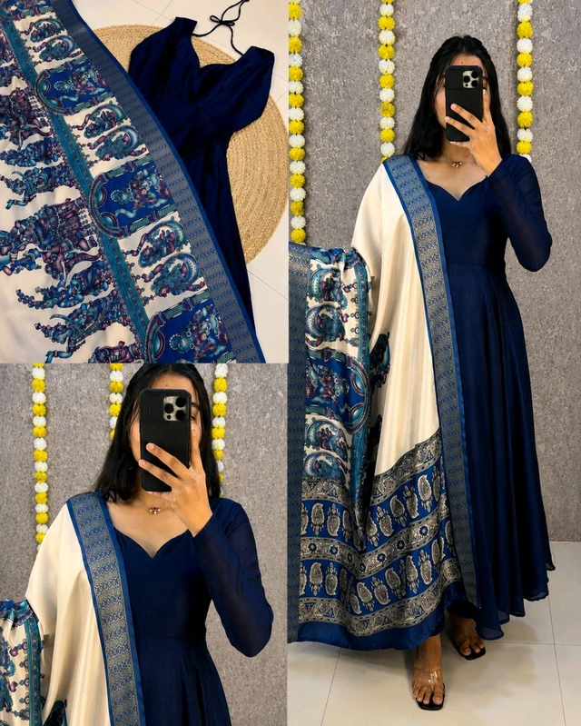 Launching beautiful plain vichithra anarkali with trending kalamkari dupata 😍 - 5XL, Blue