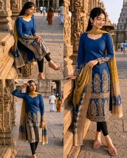 Trendy Kalamkari khalahasti kota chex kurti with kalamkari dupatta - XL, Blue