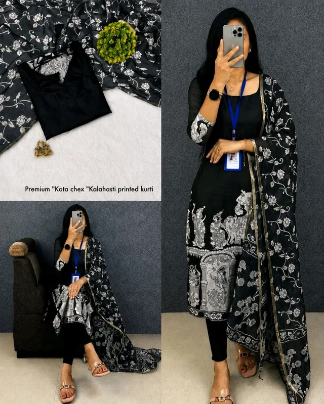 Trendy Kalamkari khalahasti kota chex kurti with kalamkari dupatta - XL, Black