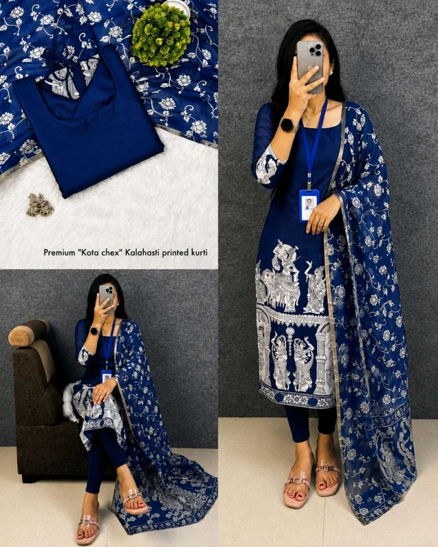 Trendy Kalamkari khalahasti kota chex kurti with kalamkari dupatta - 2XL, Blue