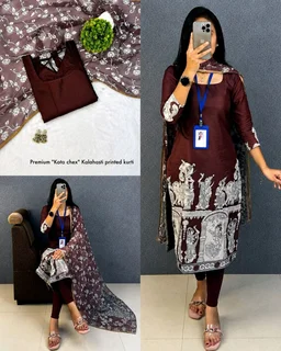 Trendy Kalamkari khalahasti kota chex kurti with kalamkari dupatta - 3XL, Blue