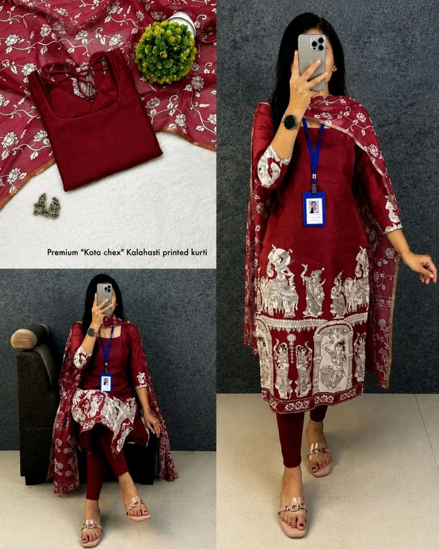 Trendy Kalamkari khalahasti kota chex kurti with kalamkari dupatta - 3XL, Blue