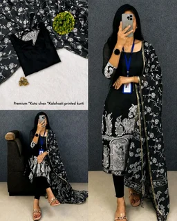 Trendy Kalamkari khalahasti kota chex kurti with kalamkari dupatta - 3XL, Blue