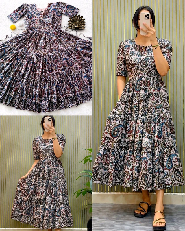 Premium Cambric Cotton Kalamkari Printed Midi Dress
- M, Black